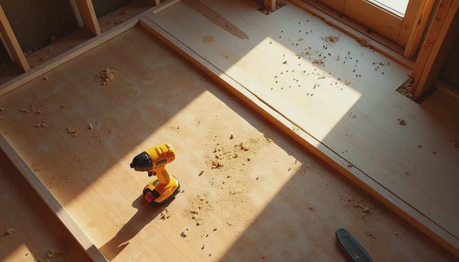 Close-up of repaired subfloor with new plywood patch and sistered joists
