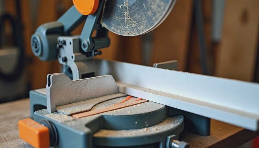 Close-up of miter saw with freshly cut trim and sawdust