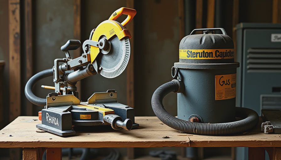 Named renovation tools Rhonda the miter saw, Dusty Springfield shop vac, and Gus the furnace on a workbench