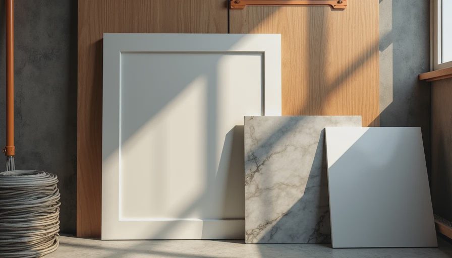 Sample mid-range kitchen materials including cabinet door, quartz, and flooring