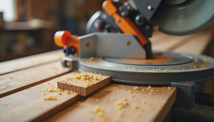 Close-up of miter saw cutting baseboard with fresh sawdust