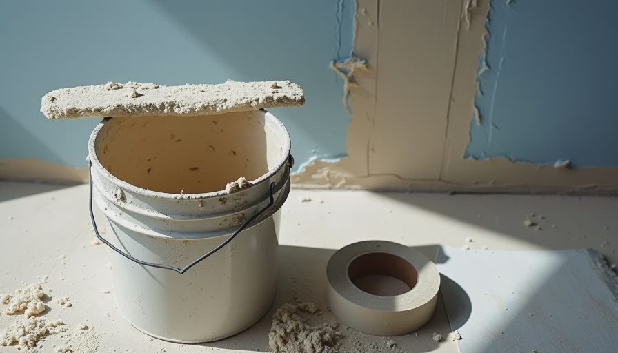 Close-up of joint compound bucket, tape, and sanding sponge during drywall work