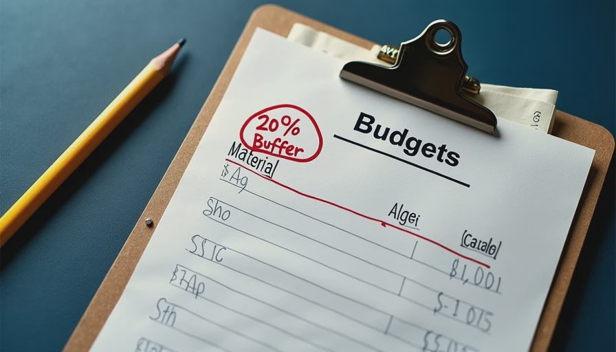 Clipboard with budget spreadsheet showing 20% buffer column circled in red