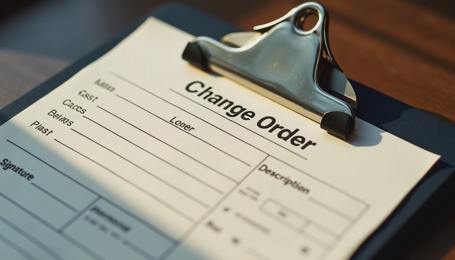 Close-up of a blank contractor change-order form on a clipboard