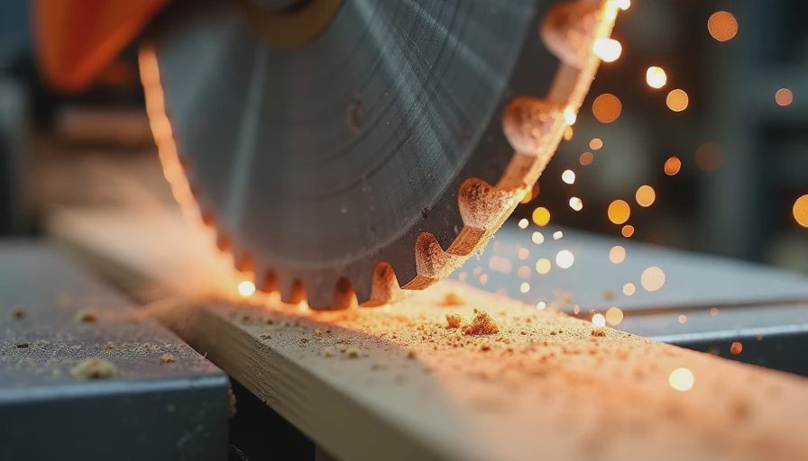 Close-up of miter saw blade cutting trim with fresh sawdust