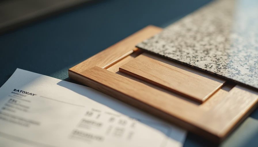 Kitchen cabinet, quartz, and appliance samples with bid sheet