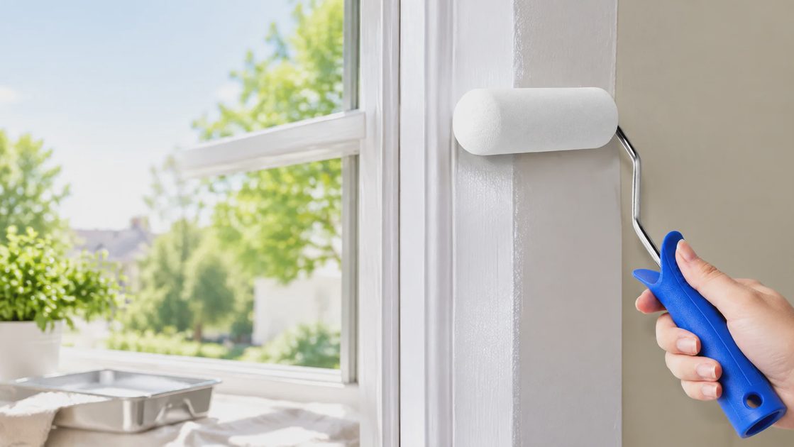Small foam paint roller precision painting white trim on window frame.