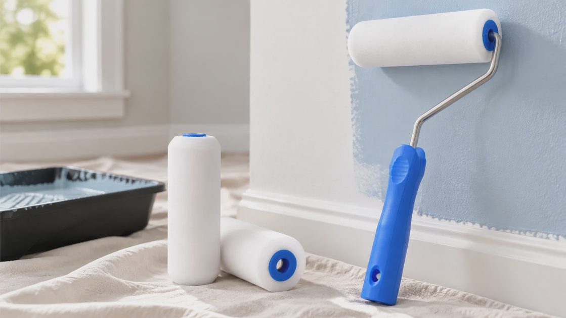 4 inch foam paint roller applying blue paint smoothly on baseboard and wall.