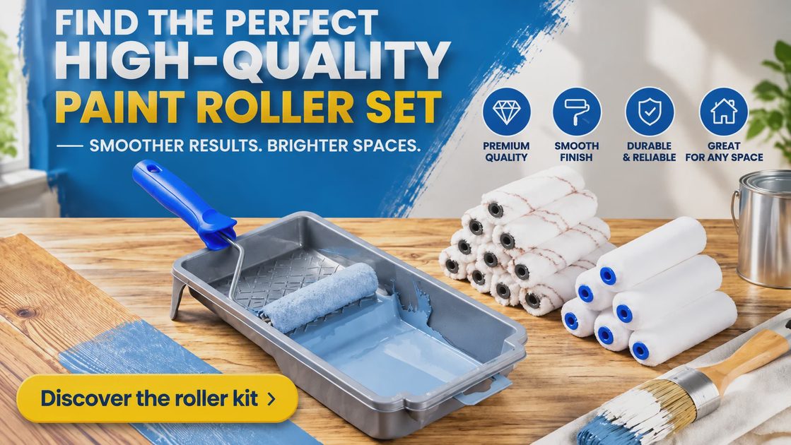 High-quality paint roller kit with multiple replacement covers, paint tray, and brush.