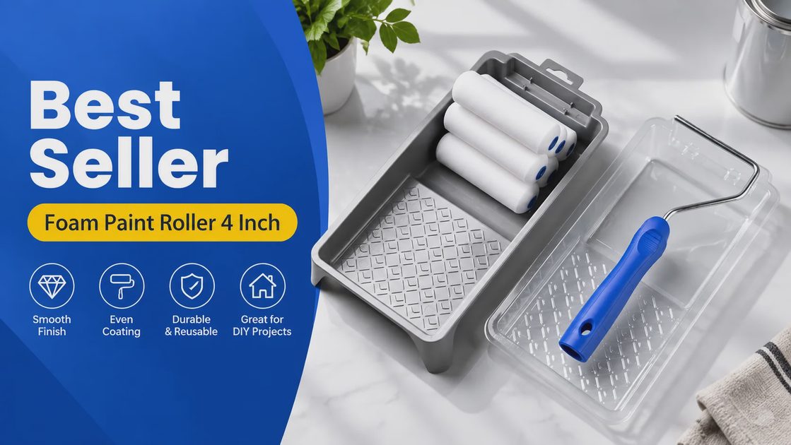 4 inch foam paint roller set with frame, tray, and high-density foam refills.