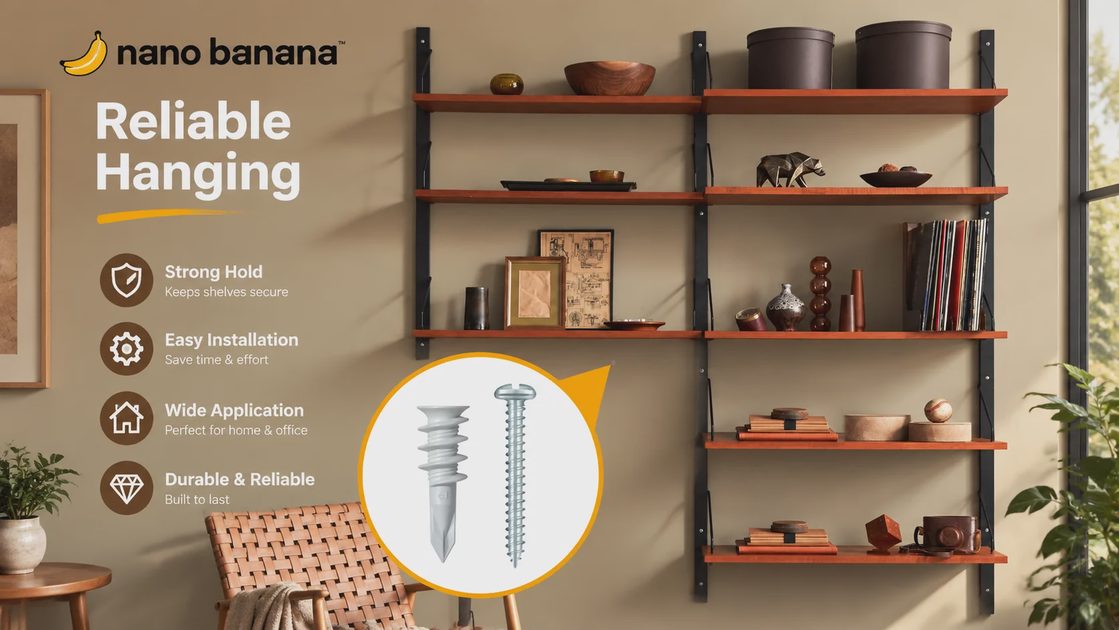 Heavy duty drywall anchors and screws holding modern wooden wall shelves securely in living room.