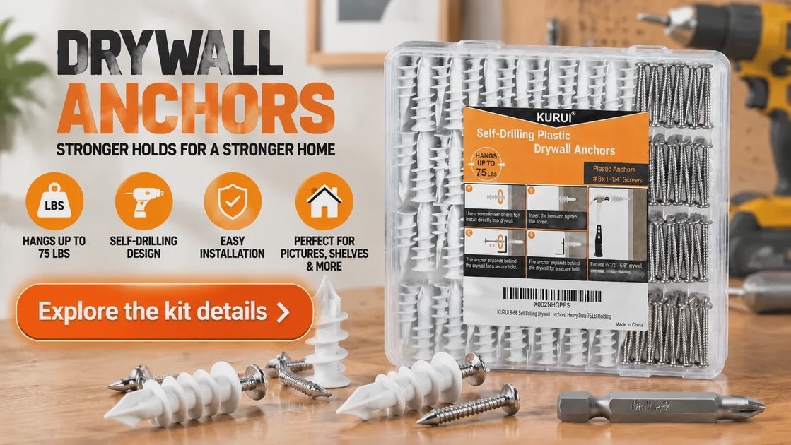 KURUI self-drilling plastic drywall anchors and screws kit in transparent storage case.