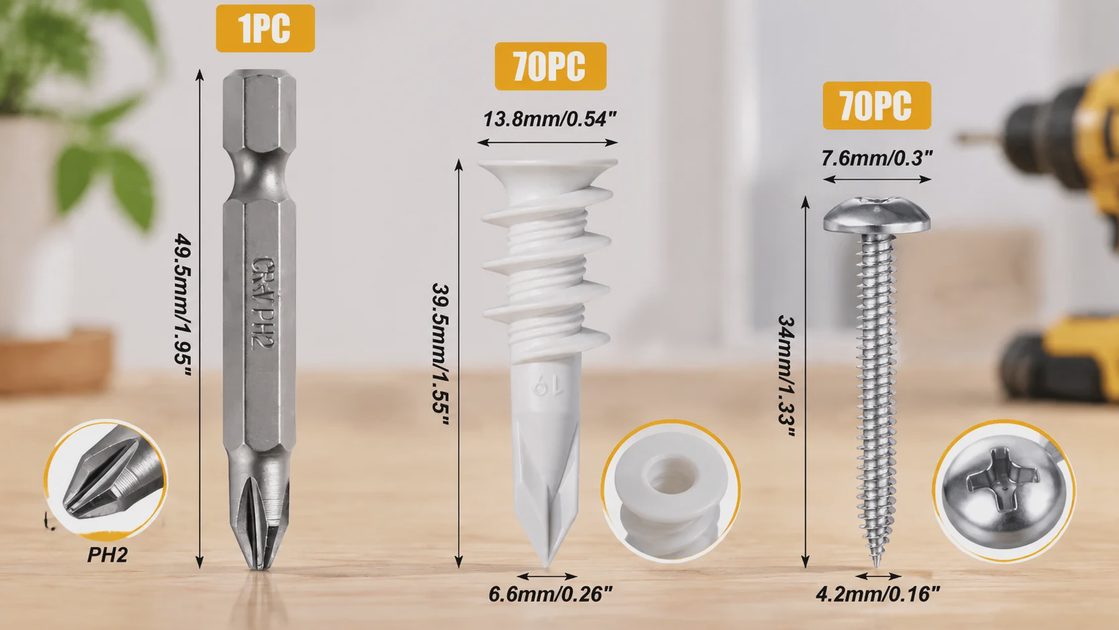 Self-drilling drywall anchors and screws dimensions chart with PH2 screwdriver bit specifications.