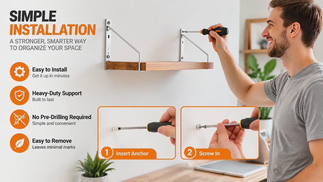 Man installing floating wall shelf using no pre-drilling drywall anchors and screws.